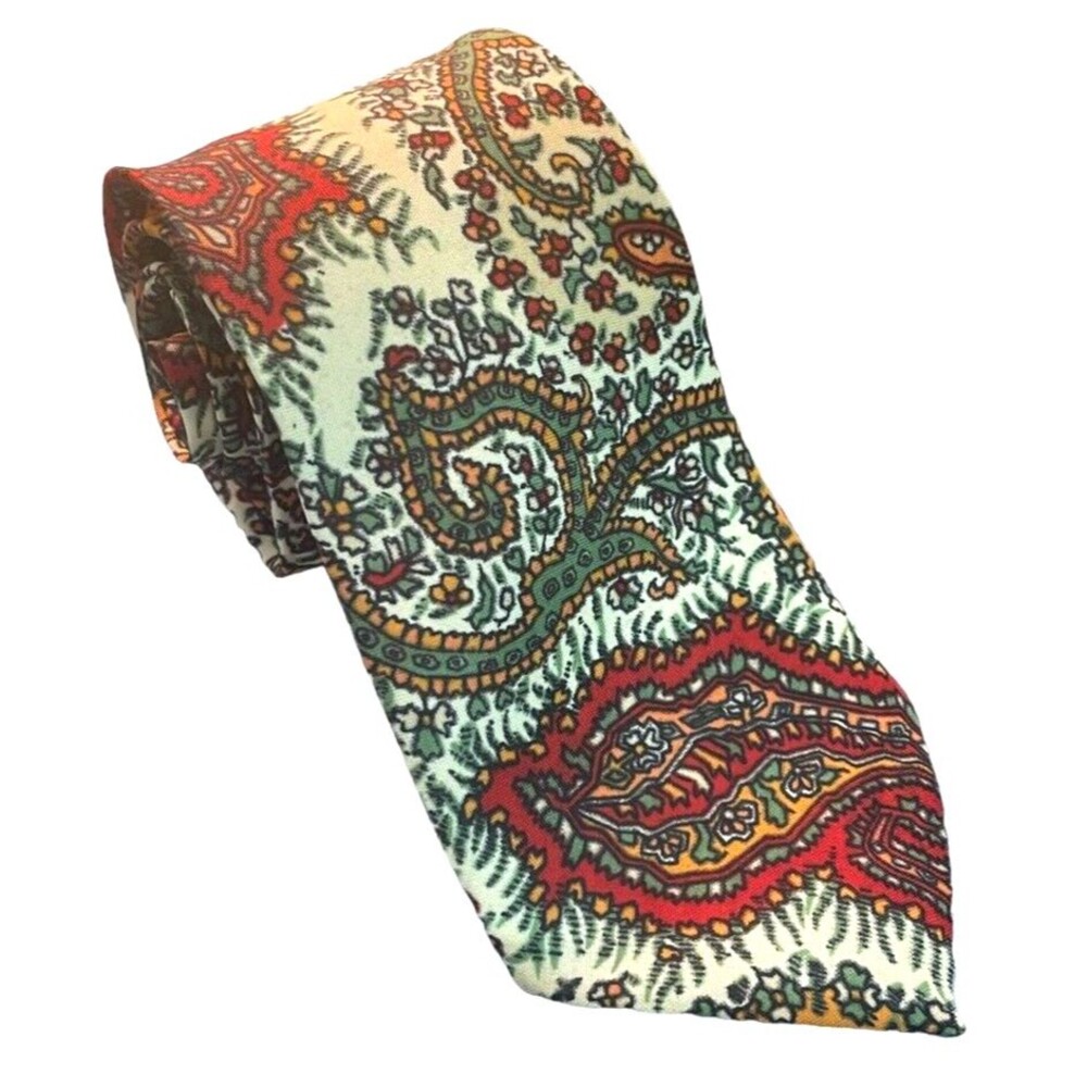 Paisley Italian Silk Skinny Tie 3” Cream Red Green 57" Vintage Regency